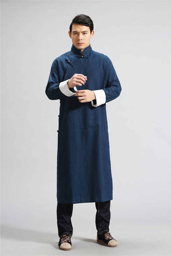 Men Tranditional Chinese KungFu Style Tunic Type Linen and Cotton Coat