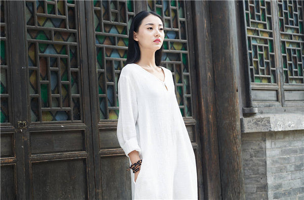Women Retro Buckle Long Sleeved Cotton and Linen Dress