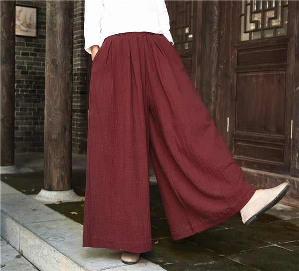 Women Loose Wide Leg Yoga Skirt Type Linen and Cotton Pants