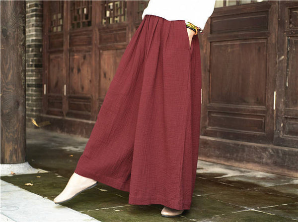 Women Loose Wide Leg Yoga Skirt Type Linen and Cotton Pants