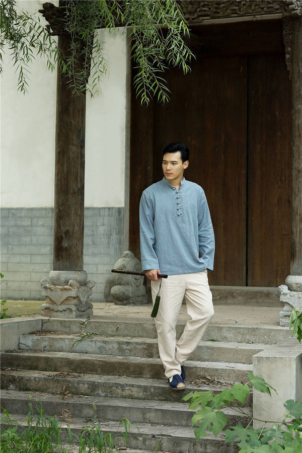 Men Round Neck Loose Long-sleeved Linen and Cotton Tops