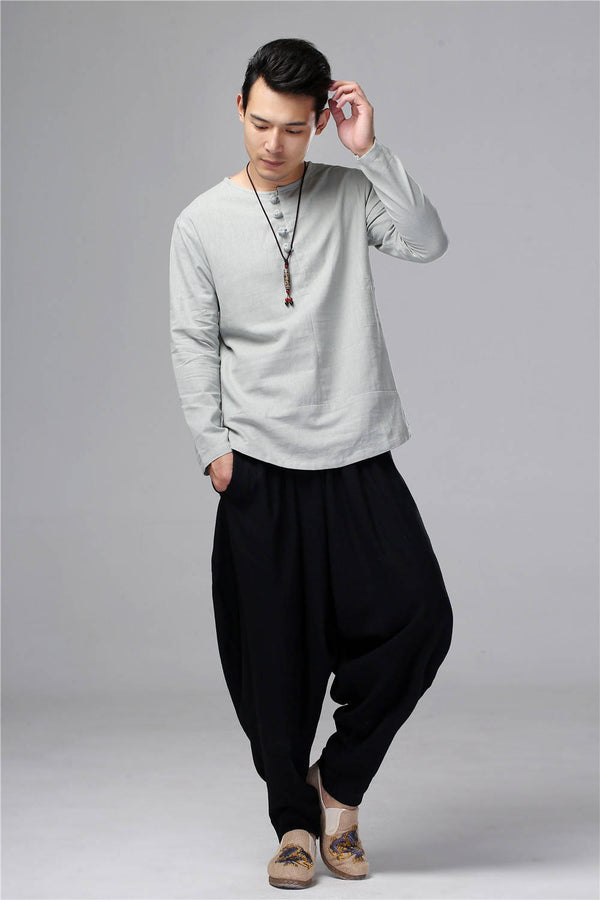 Men Chinese Folk Style Long Sleeve Linen and Cotton T-shirt Top