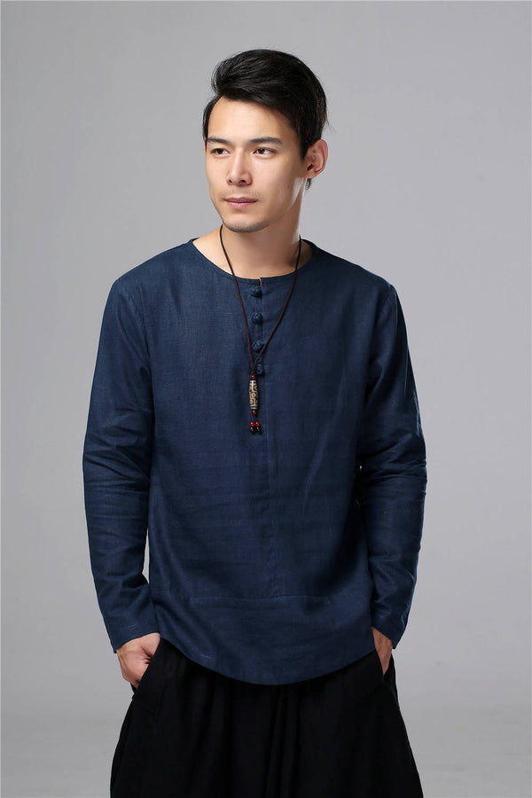 Men Chinese Folk Style Long Sleeve Linen and Cotton T-shirt Top