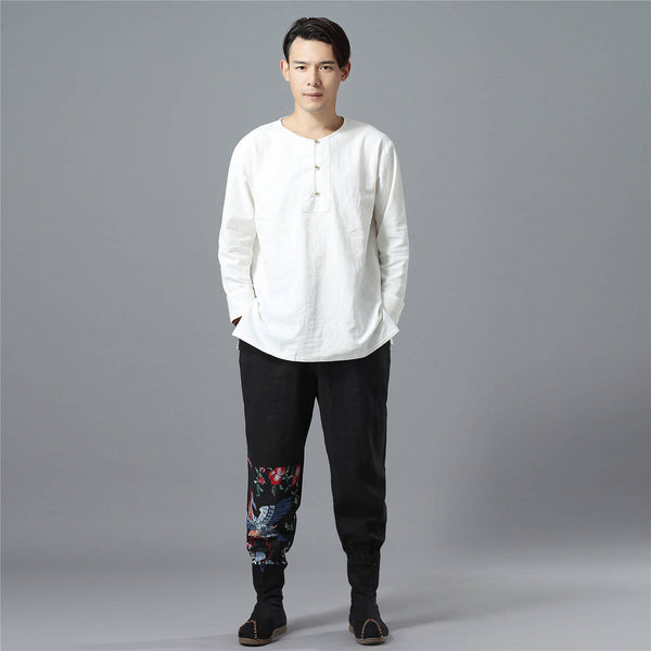 Men Retro Casual Linen and Cotton T-shirt Top