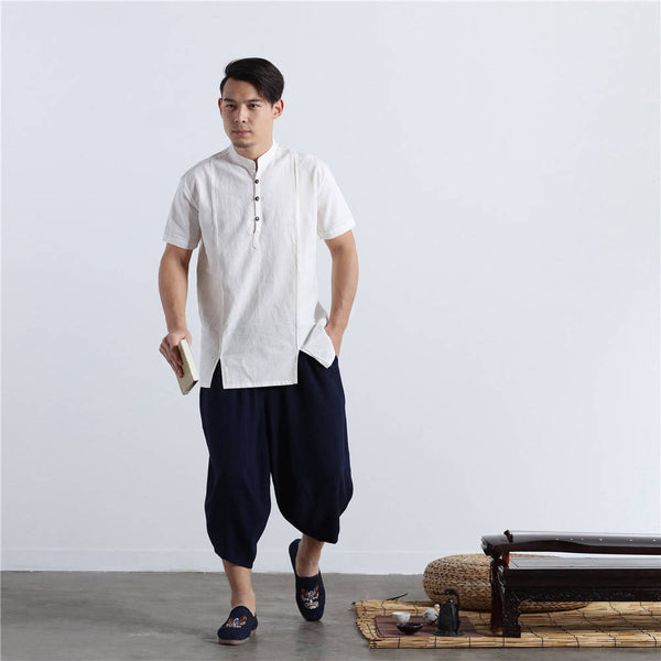 Men Chinese Style Short Sleeve Linen and Cotton T-shirt Top