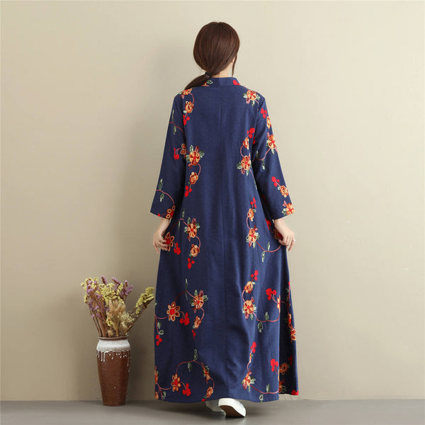 Women Linen and Cotton Chinese Style Retro Embroidered Stand Collar Buckle Ankle Length Dress