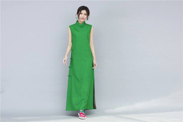 Women Chinese Style Retro Pure Color Sleeveless Ankle Length Dress