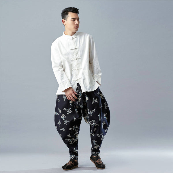 Men New Style Loose Printed Cotton and Linen Hanging Crotch Pants (inner layered with velvet)