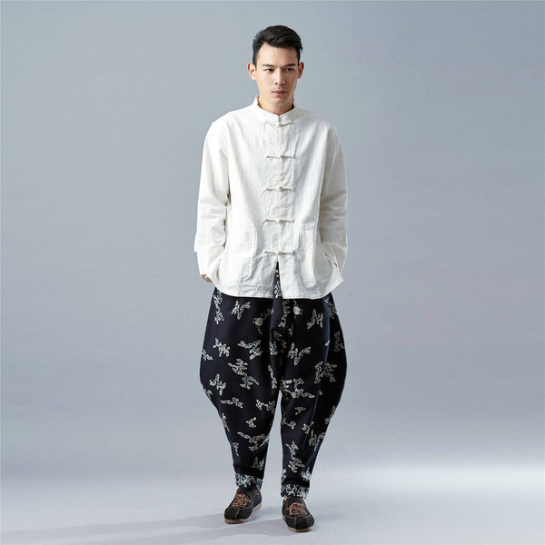 Men New Style Loose Printed Cotton and Linen Hanging Crotch Pants (inner layered with velvet)