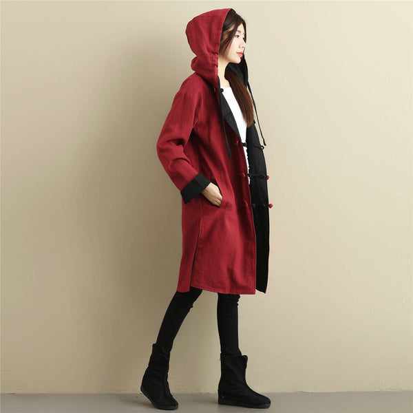 Women Simple Pure Color Double-sided Linen and Cotton Coat Hoodie