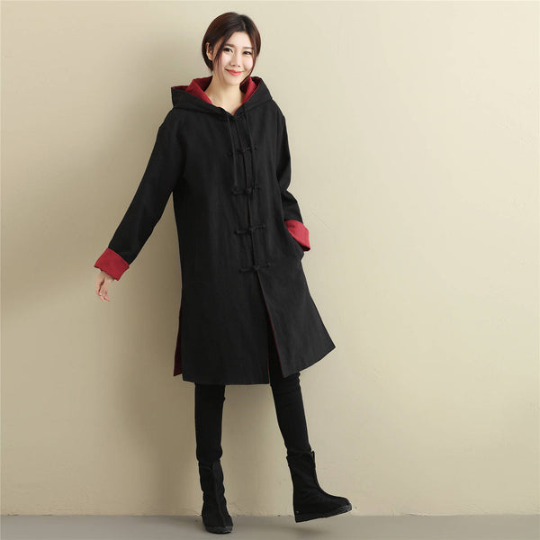 Women Simple Pure Color Double-sided Linen and Cotton Coat Hoodie