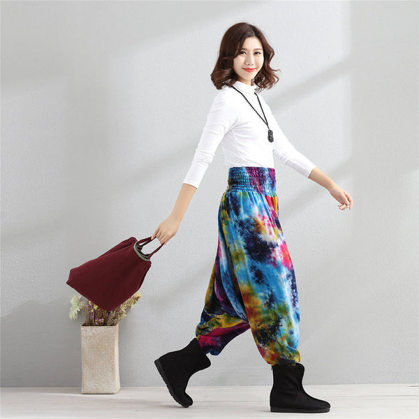 Women Casual Loose Colorful Linen and Cotton Silk Hanging Crotch Pants