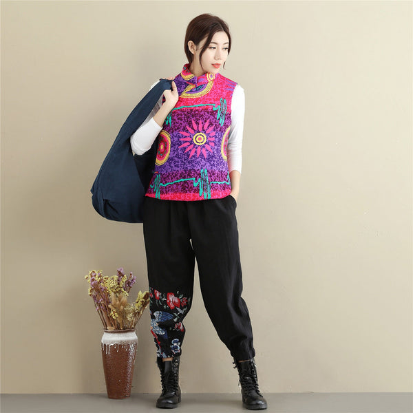 Women Retro Asian Style Quilted Printed Cotton Vest