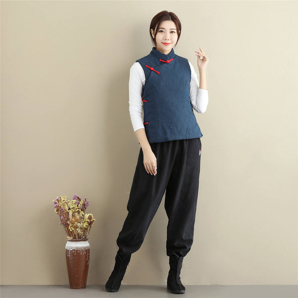 Women Retro Asian Style Quilted Linen and Cotton Vest