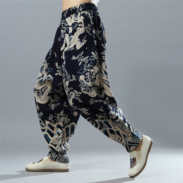 Men Loose Chinese Dragon Printed Cotton and Linen Casual Hanging Crotch Pants
