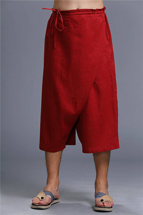Men Loose Causal Pure Color Cotton and Linen Hanging Crotch Cropped Pants