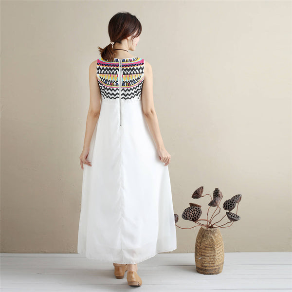 Eastern Style Women Sleeveless Ankle Length Embroidery Chiffon Dress