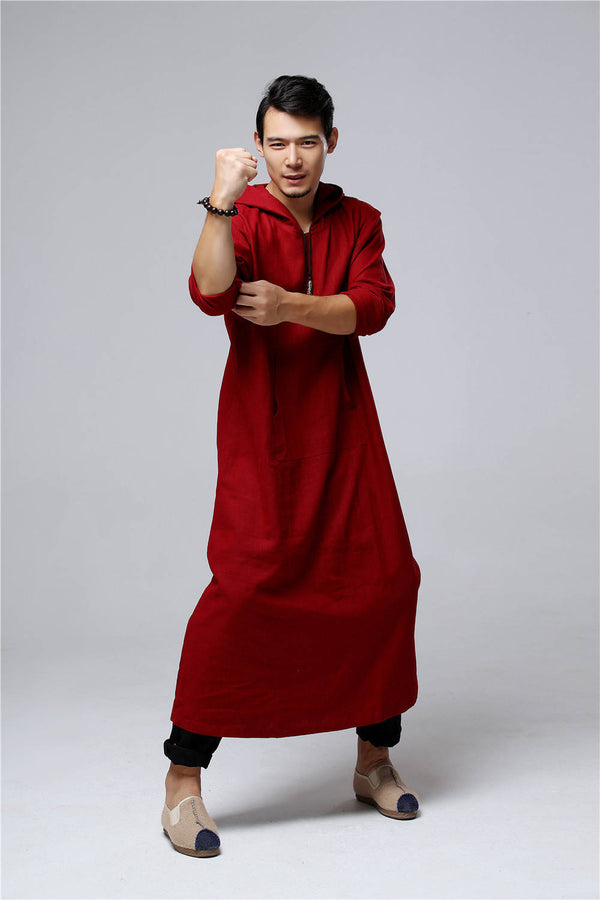 Men Pullover Loose Coat KungFu Style Linen and Cotton Long Tunics Hoodies