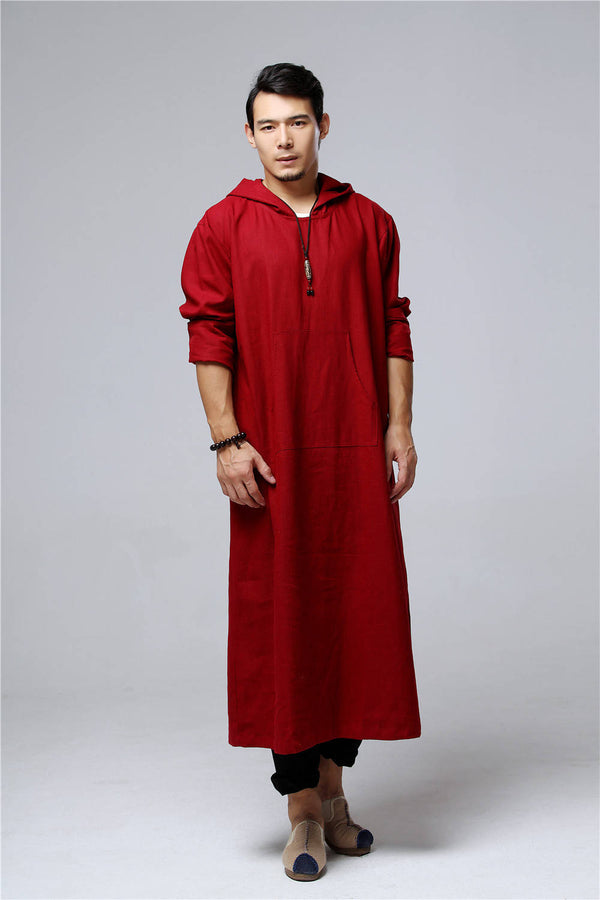 Men Pullover Loose Coat KungFu Style Linen and Cotton Long Tunics Hoodies