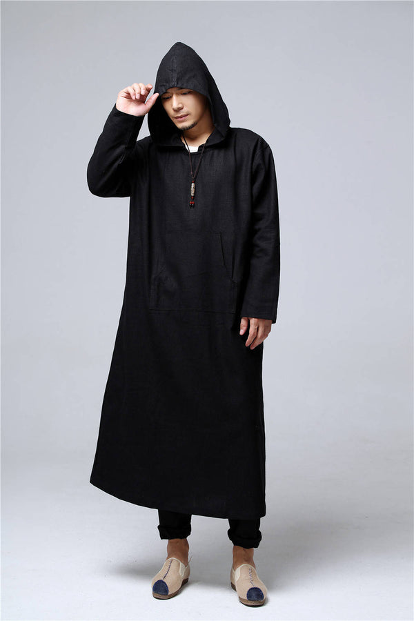 Men Pullover Loose Coat KungFu Style Linen and Cotton Long Tunics Hoodies