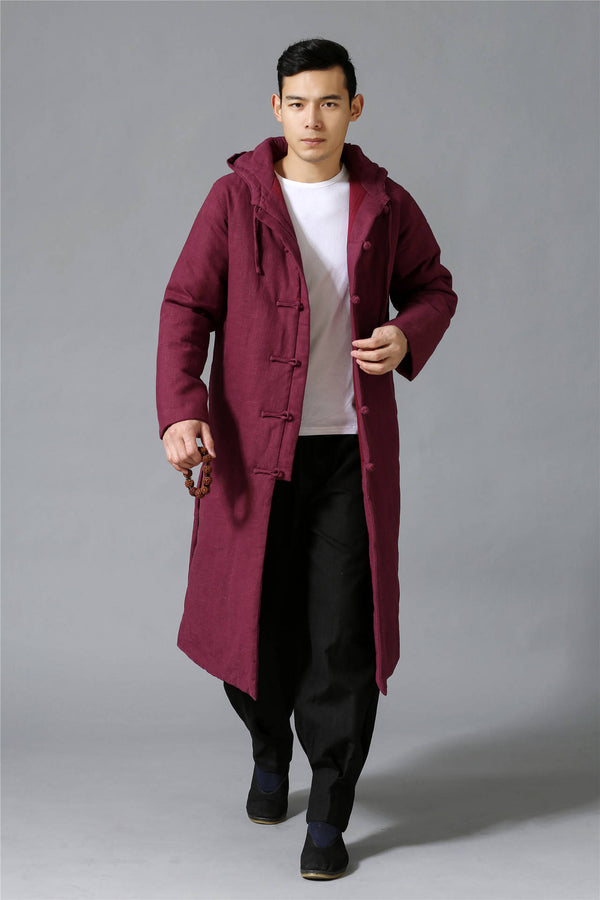 Men New Hangfu Kungfu Style Linen and Cotton Quilted Long Coat Hoodie
