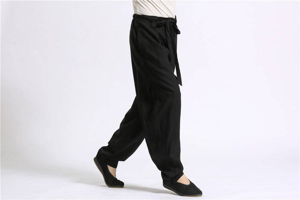 Men Casual Pure Color Loose Cotton and Linen KungFu Pants