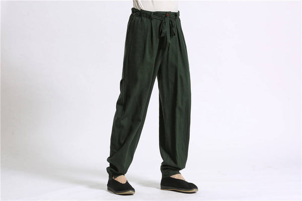 Men Casual Pure Color Loose Cotton and Linen KungFu Pants
