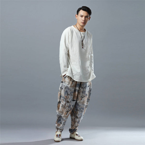 Men Casual Loose Cotton and Linen Chinese Scenery Printed Hanging Crotch Dancing Pants