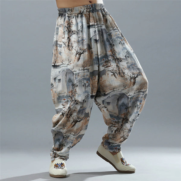 Men Casual Loose Cotton and Linen Chinese Scenery Printed Hanging Crotch Dancing Pants