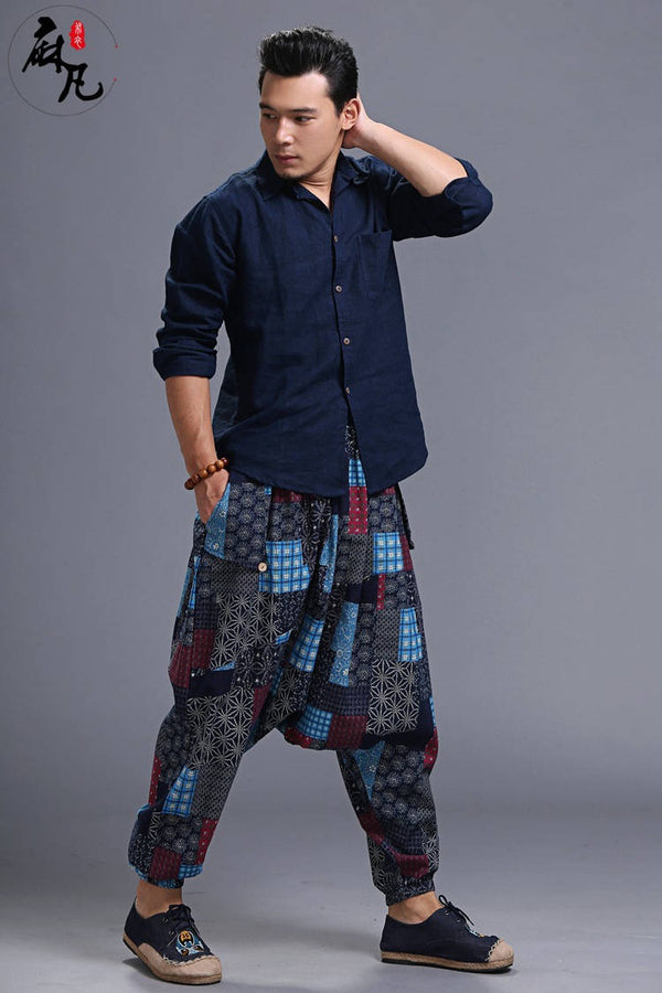 Men Casual Loose Cotton and Linen Printed Hanging Crotch Dancing Pants