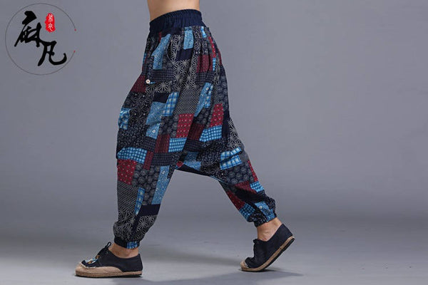 Men Casual Loose Cotton and Linen Printed Hanging Crotch Dancing Pants