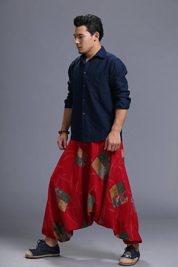 Men Casual Loose Cotton and Linen Printed Hanging Crotch Yoga Pants