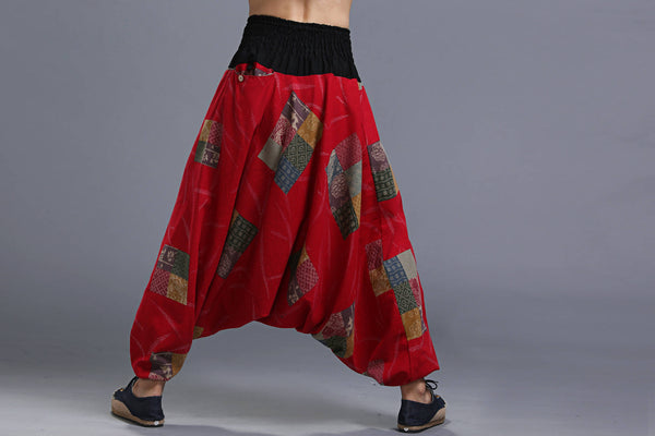 Men Casual Loose Cotton and Linen Printed Hanging Crotch Yoga Pants