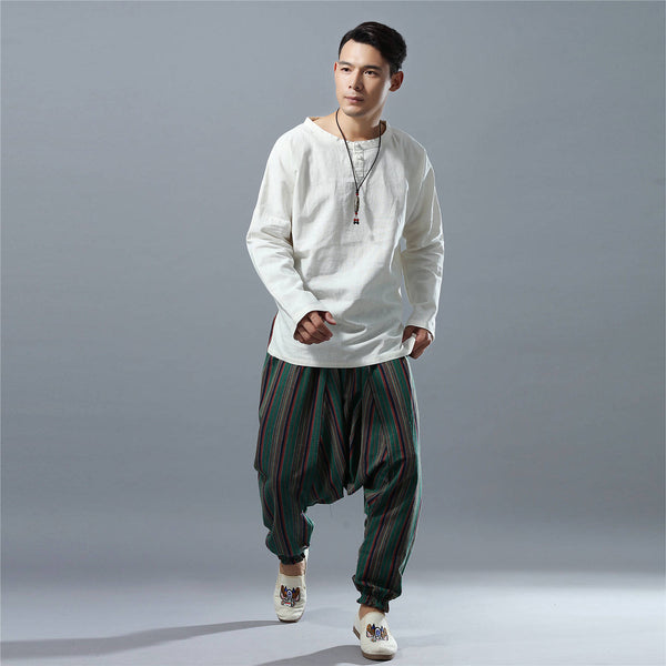 Men Casual Loose Stripe Patterned Cotton and Linen Hanging Crotch Pants