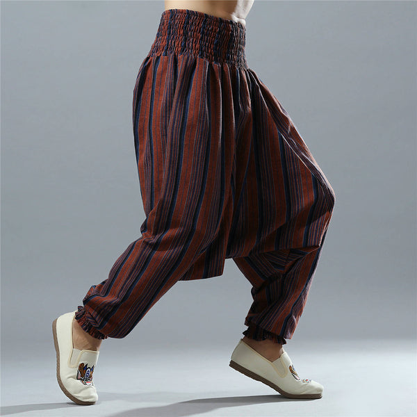 Men Casual Loose Stripe Patterned Cotton and Linen Hanging Crotch Pants
