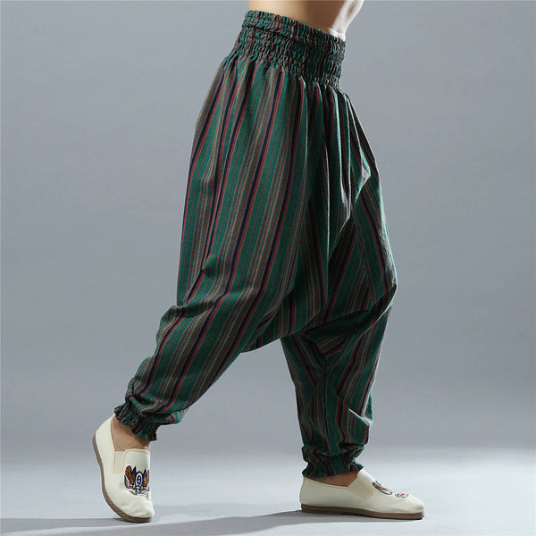 Men Casual Loose Stripe Patterned Cotton and Linen Hanging Crotch Pants