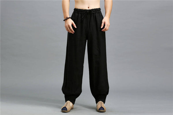 Men Casual Pure Color Loose Cotton and Linen Chinese Style KungFu Pants