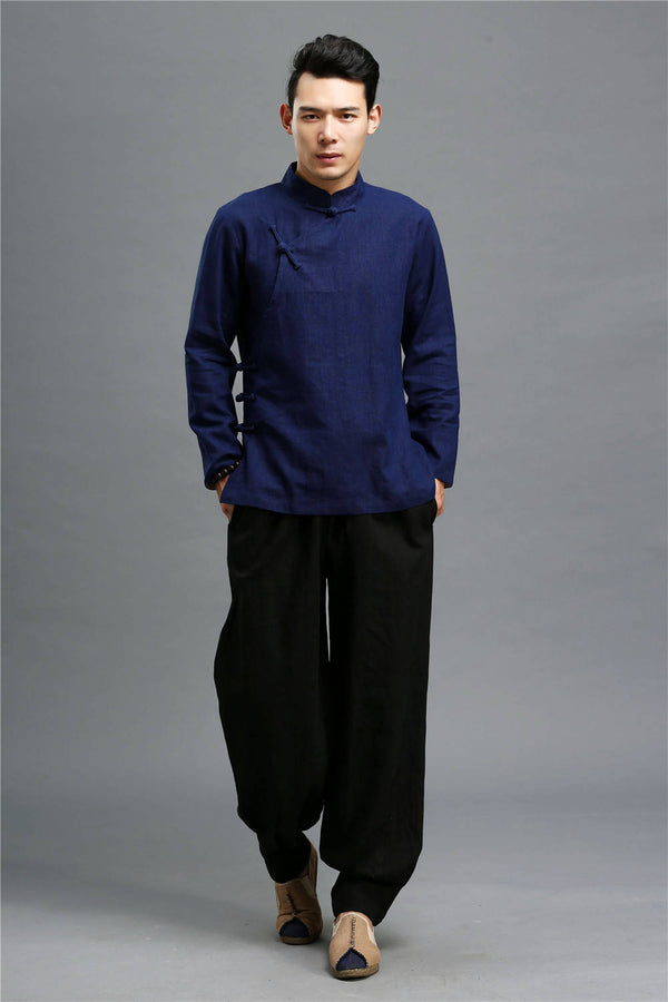 Men Casual Pure Color Loose Cotton and Linen Chinese Style KungFu Pants