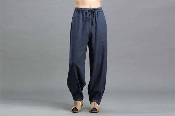 Men Casual Pure Color Loose Cotton and Linen Chinese Style KungFu Pants