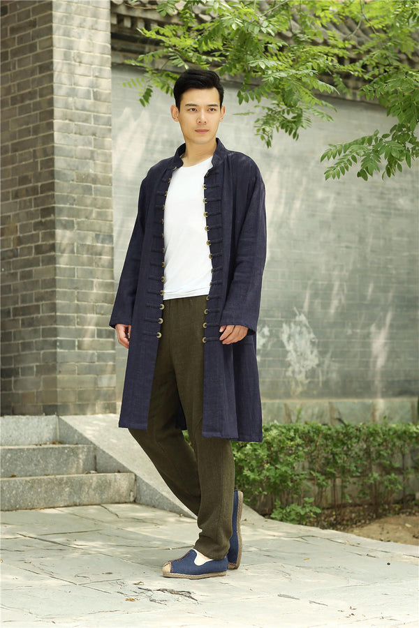 Men Asian Traditional Style KungFu Copper Buckle Linen and Cotton Tunic Coat