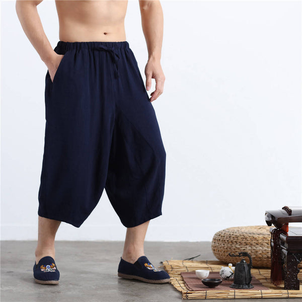 Men Casual Simple Pure Color Cotton and Linen Hanging Crotch Cropped Pants