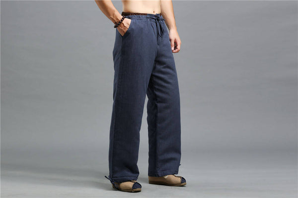 Men Casual Pure Color Cotton and Linen Loose KungFu Quilted Pants | Leg Opening with Elastic Band