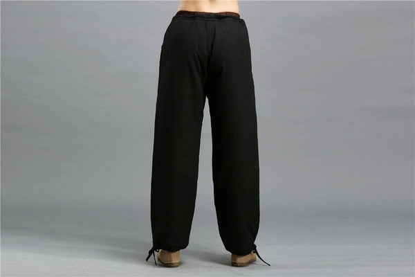 Men Casual Pure Color Cotton and Linen Loose KungFu Quilted Pants | Leg Opening with Elastic Band