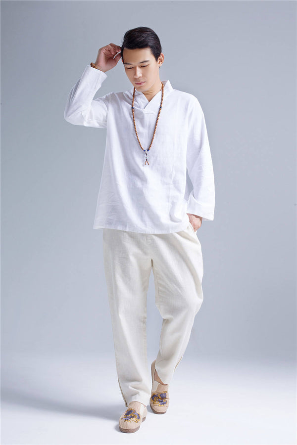 Men Zen Style Hangfu White Linen and Cotton T-shirts Tops