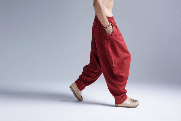 Men New Style Loose Pure Color Linen Hanging Crotch Pants