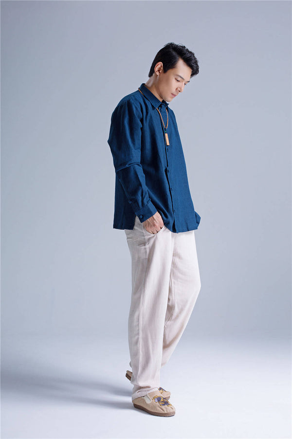 Men Asian Hanfu Style Linen and Cotton Shirt Top