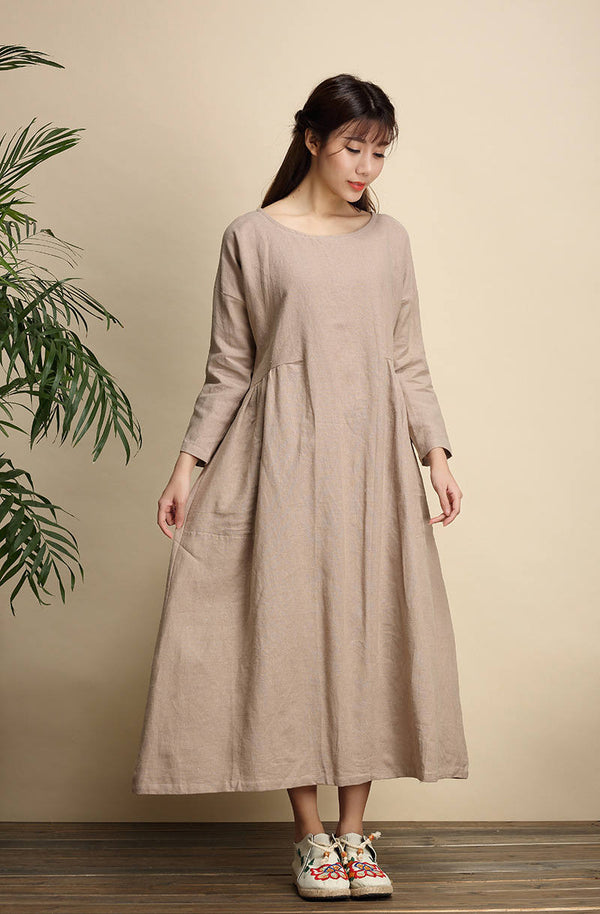 Women Zen Style Causal Round-neck Long Loose Tea Length Linen and Cotton Dress