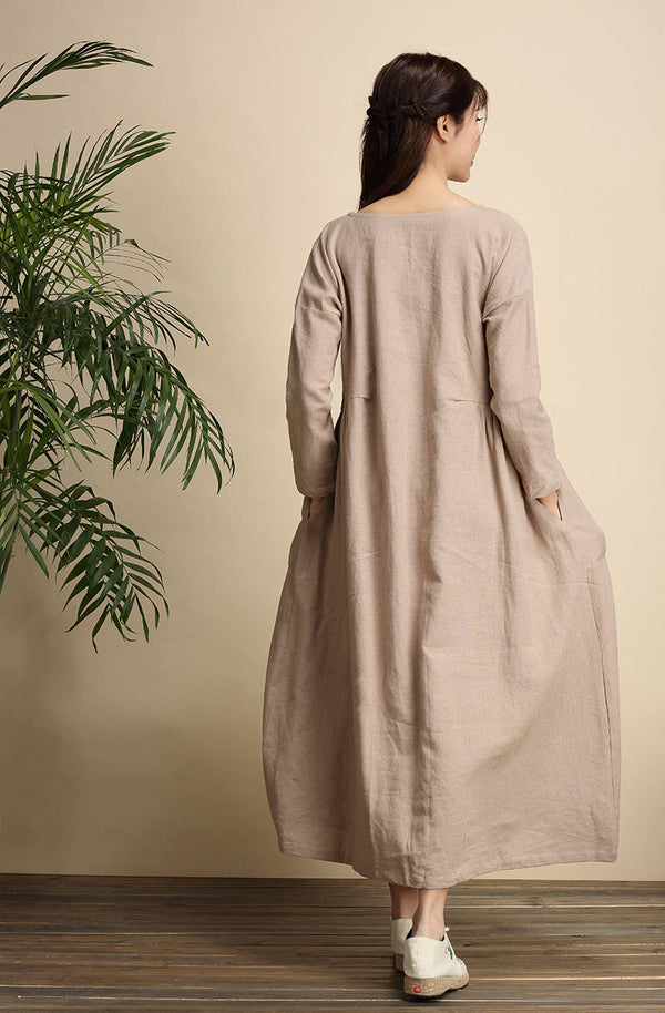 Women Zen Style Causal Round-neck Long Loose Tea Length Linen and Cotton Dress
