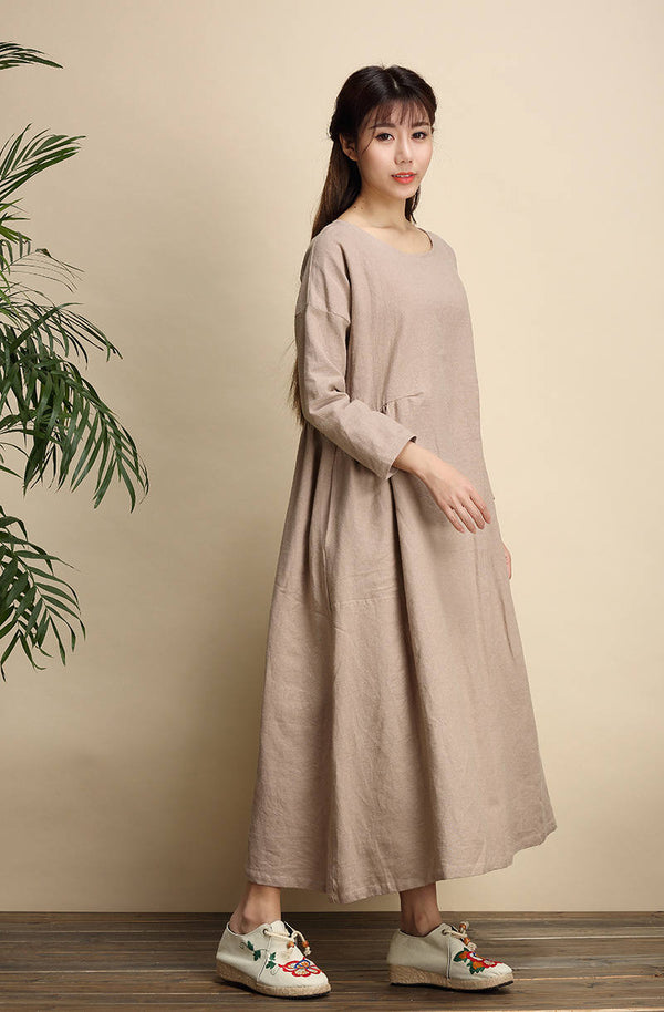 Women Zen Style Causal Round-neck Long Loose Tea Length Linen and Cotton Dress