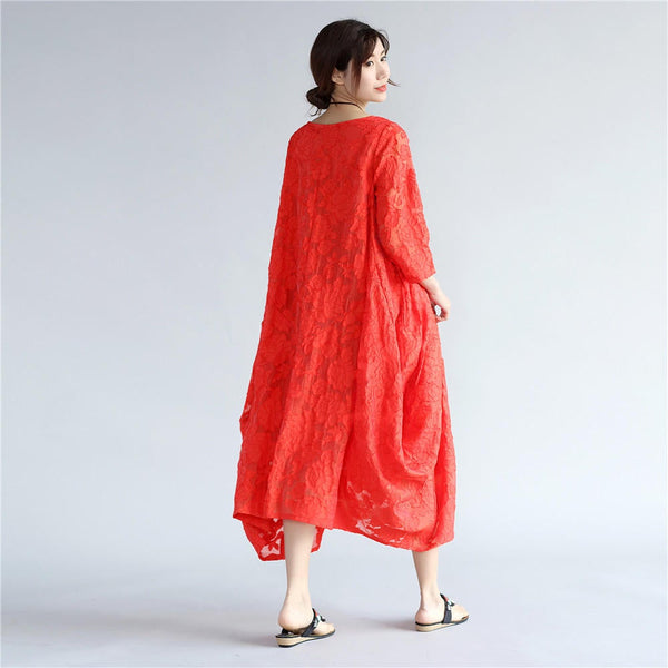 Women Zen Style Causal Round-neck Long Loose Tea Length Dress